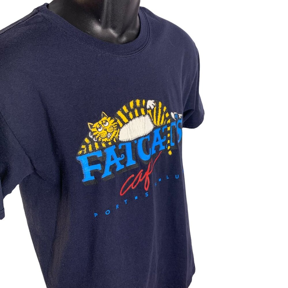 Vintage Mens FatCats Cafe Port San Luis Crewneck Short Sleeve Size S Drk Blue - Picture 2 of 4